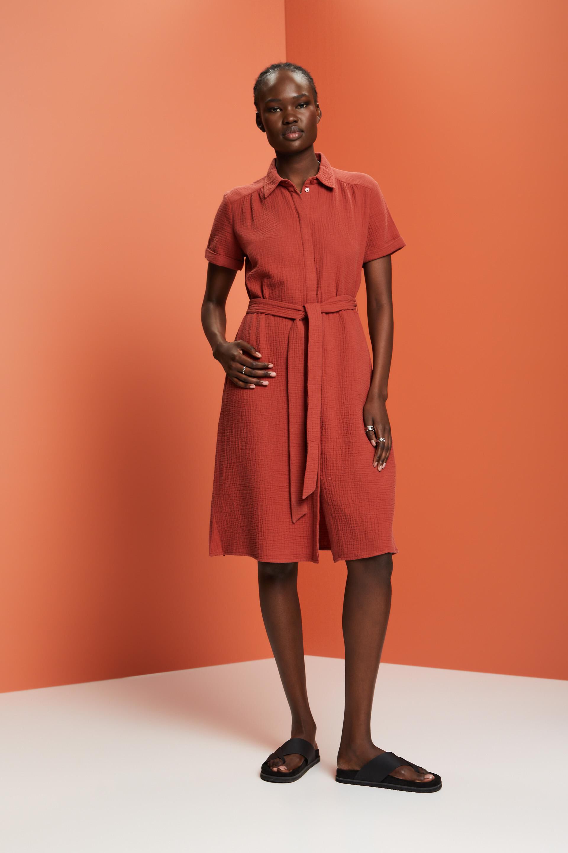 ESPRIT - Hemdblusenkleid mit Baumwolle Shop Bindegürtel, in 100 unserem Online 