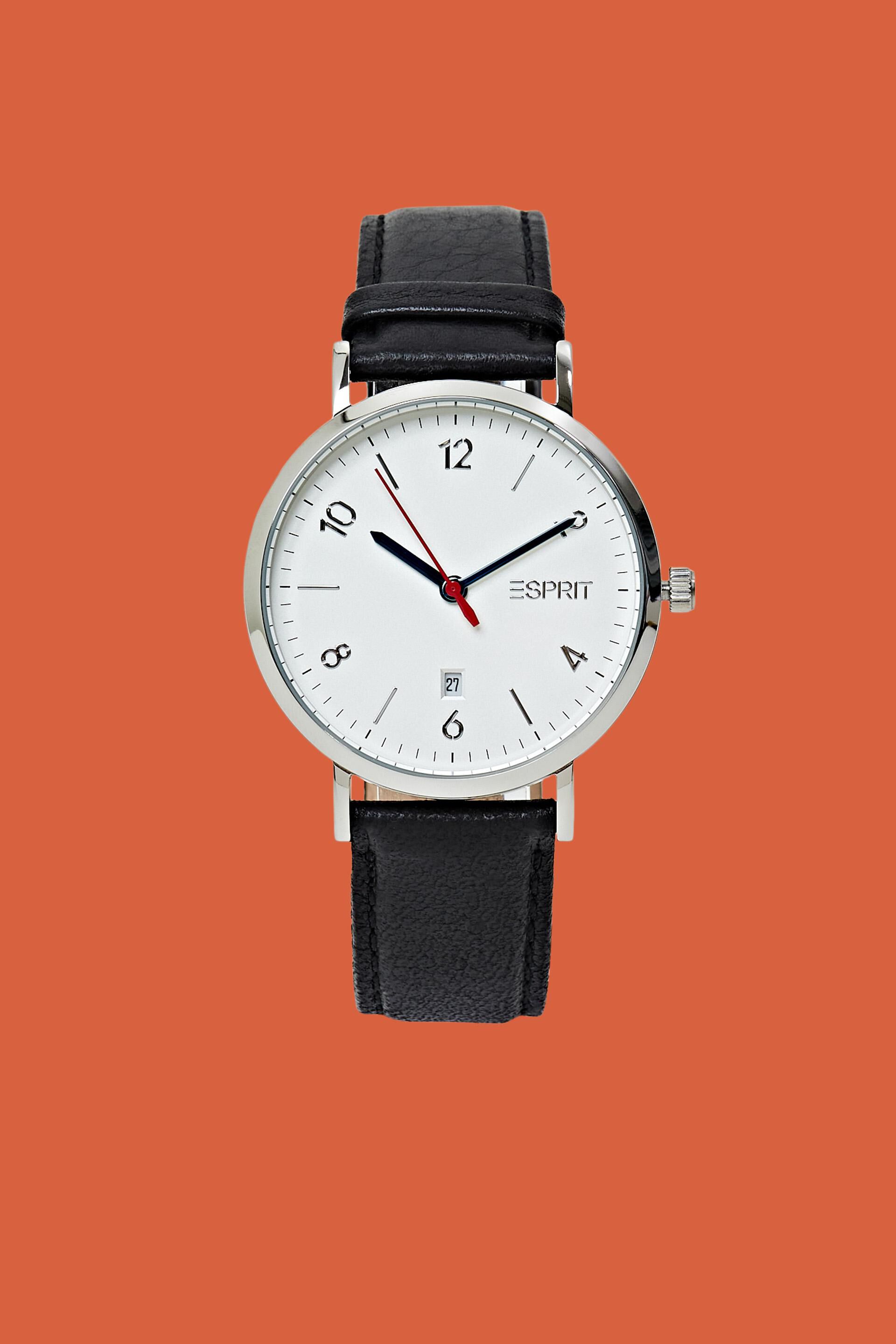 Edelstahl-Uhr mit Lederarmband in unserem Online Shop - ESPRIT